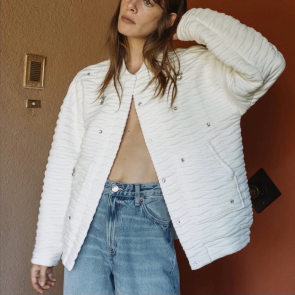 Zara Embellished White Quilted Bomber Jacket